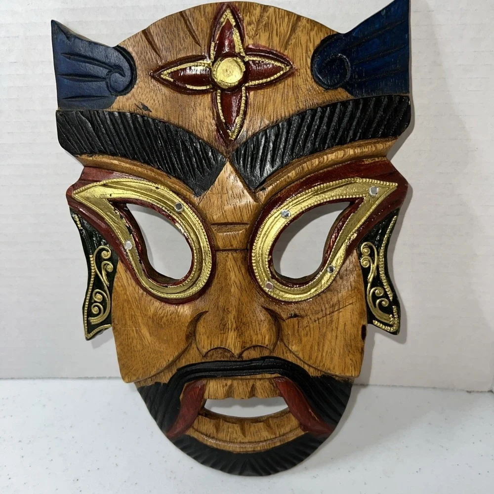 Vintage Wood THAI Mask Hand Carved & Painted Decor Asian Demon Face